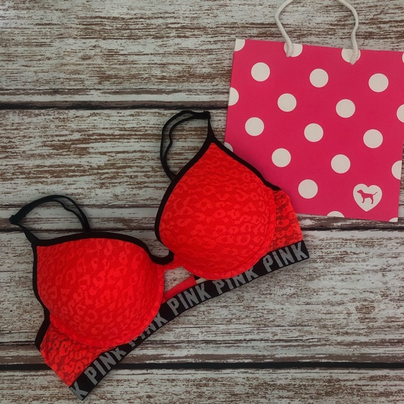 PINK Victoria’s Secret Bra Size 32C Orange Leopard Lace Wear Everywhere Push-Up - Picture 1 of 6